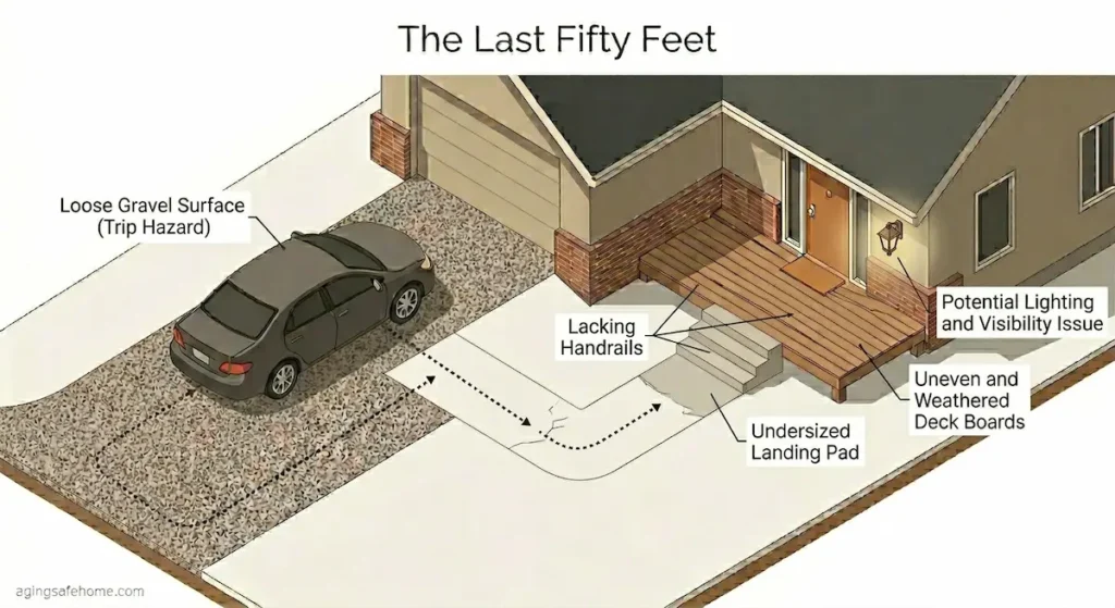 Illustrated diagram of a home's exterior showing outdoor fall hazards for seniors, including a loose gravel driveway, steps with no handrails, an undersized landing pad, uneven deck boards, and inadequate porch lighting.