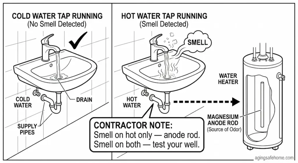Technical diagram showing a contractor diagnostic test for rotten egg smell in well water for seniors — left panel shows cold water tap running with no smell detected, center panel shows hot water tap running with smell detected and a dashed arrow pointing to a water heater cross-section with the magnesium anode rod labeled as the source of odor, contractor note reads "smell on hot only — anode rod, smell on both — test your well"