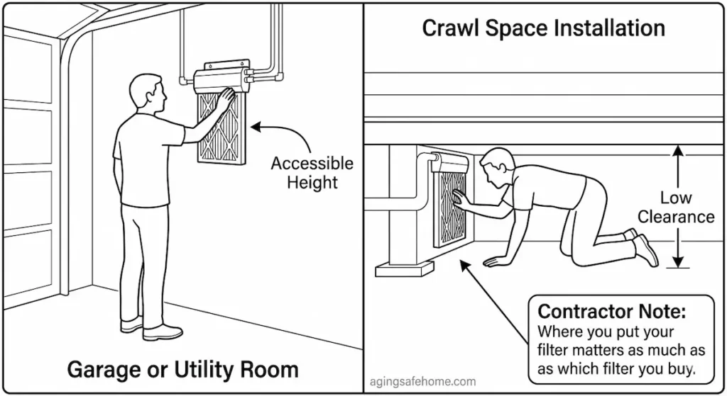 Side-by-side diagram comparing whole home water filter installation locations for seniors aging in place — left panel shows a person standing comfortably reaching a filter at accessible height in a garage or utility room, right panel shows a person on hands and knees in a low clearance crawl space underneath a mobile home reaching the same type of filter