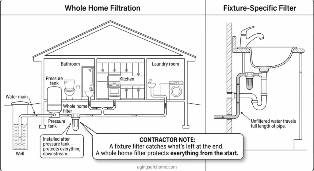 Technical diagram comparing whole home water filtration versus fixture-specific filtering for seniors aging in place — left panel shows a house cross-section with water flowing from a well through a pressure tank and whole home filter before branching to the bathroom, kitchen, and laundry room with a callout noting installation after the pressure tank protects everything downstream, right panel shows a close-up under-sink fixture filter with an arrow indicating unfiltered water travels the full length of the supply pipe before reaching the filter