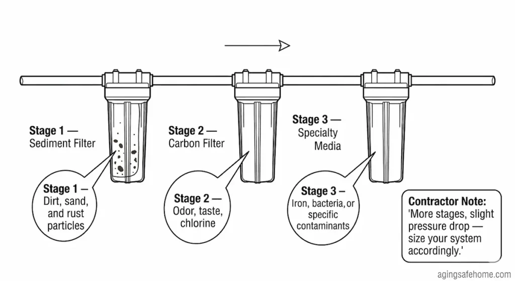 
Technical diagram showing three stages of a whole home water filtration system for seniors aging in place — Stage 1 sediment filter catching dirt sand and rust particles, Stage 2 carbon filter addressing odor taste and chlorine, Stage 3 specialty media filter targeting iron bacteria and specific contaminants, with a contractor note reading more stages slight pressure drop size your system accordingly