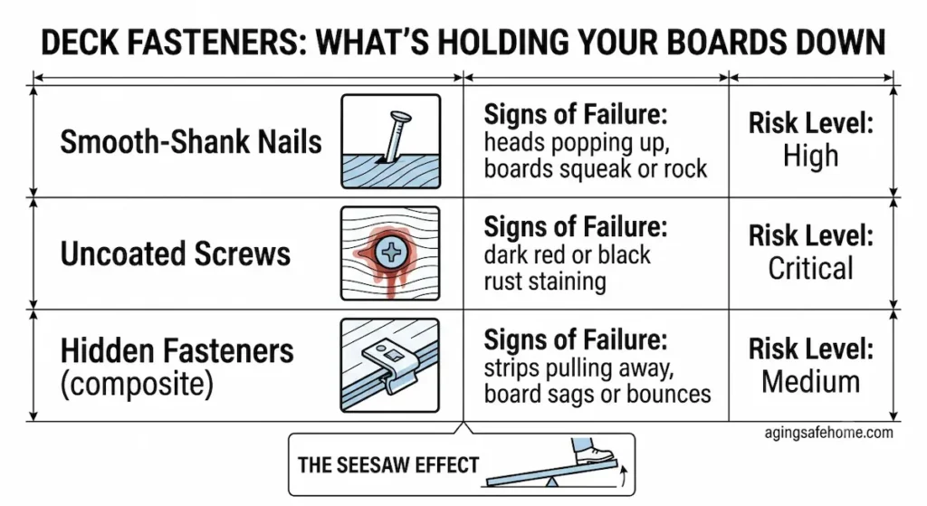 Comparison diagram of deck fastener types, smooth-shank nails, uncoated screws, and hidden composite fasteners, showing signs of failure and risk level for deck and porch safety for seniors