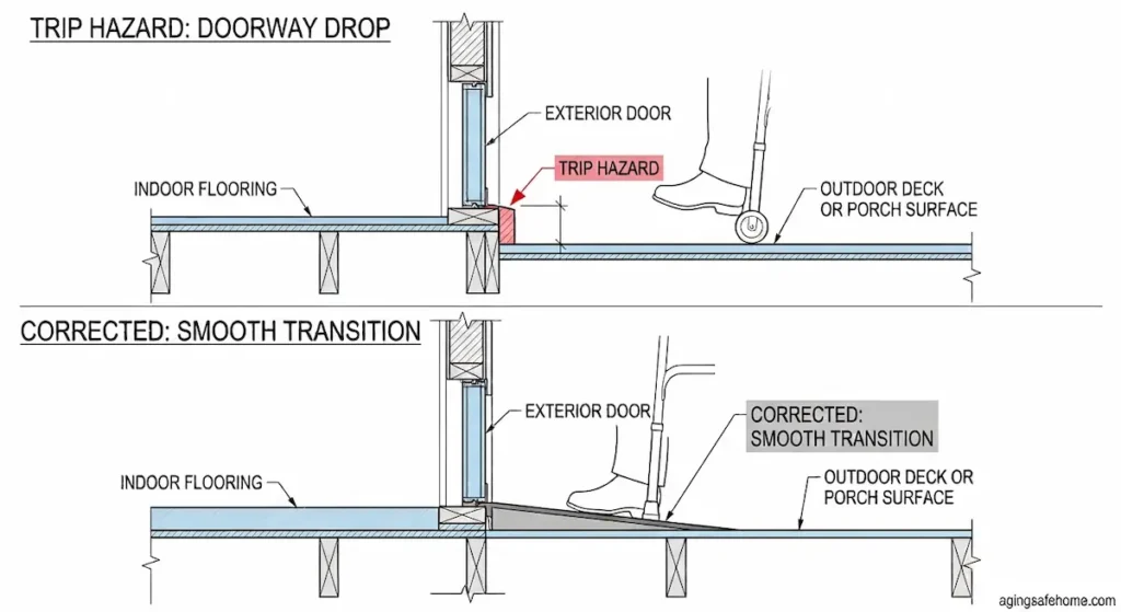 Cross-section diagram comparing a 1 to 2 inch doorway threshold drop trip hazard with a corrected smooth transition ramp for deck and porch safety for seniors