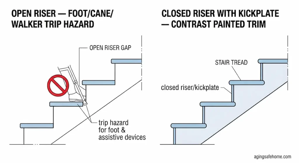 Comparison diagram showing an open riser stair as a trip hazard for feet, canes, and walkers next to a closed riser with kickplate, a safer design for exterior steps for seniors