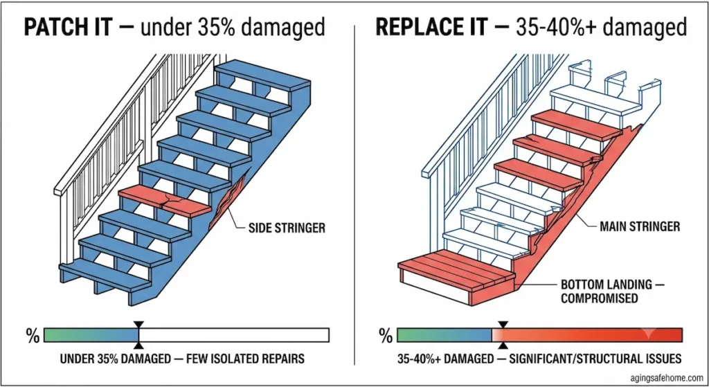 Comparison diagram of exterior stairs showing minor isolated damage suitable for patching versus 35 to 40 percent structural damage requiring full replacement for exterior steps for seniors