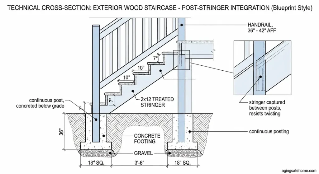 Technical cross-section diagram showing an exterior stair stringer captured between two continuous handrail posts concreted below grade, illustrating a mechanically sound connection for exterior steps for seniors