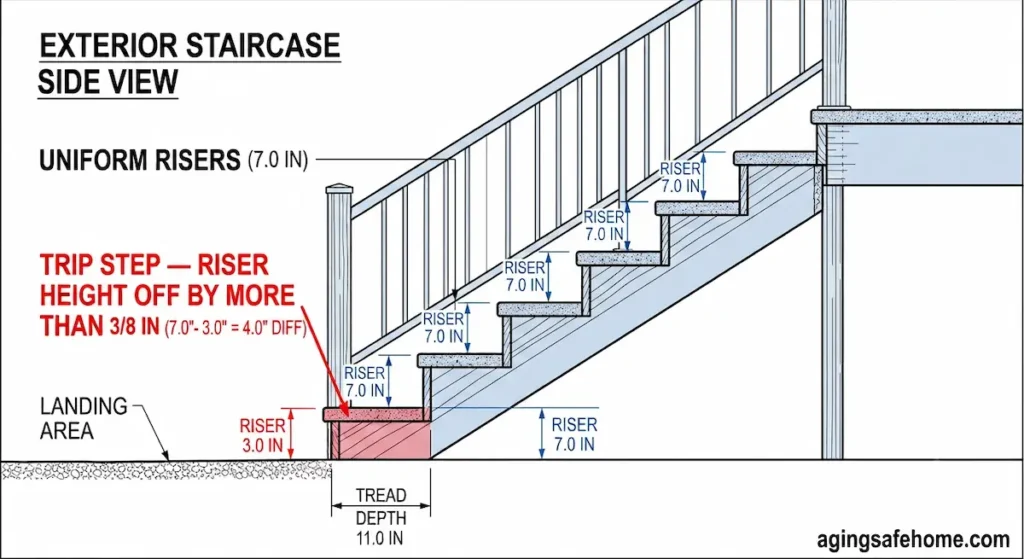 Technical side-view diagram of an exterior staircase showing uniform 7 inch risers compared to a mismatched bottom trip step, illustrating the code-required 3/8 inch riser variance limit for exterior steps for seniors