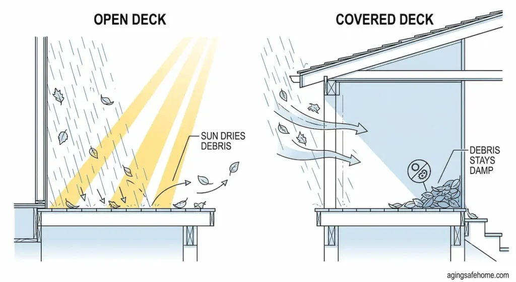 Comparison diagram showing sun drying debris on an open deck versus trapped, damp debris under a covered deck, illustrating a hidden rot risk for deck and porch safety for seniors