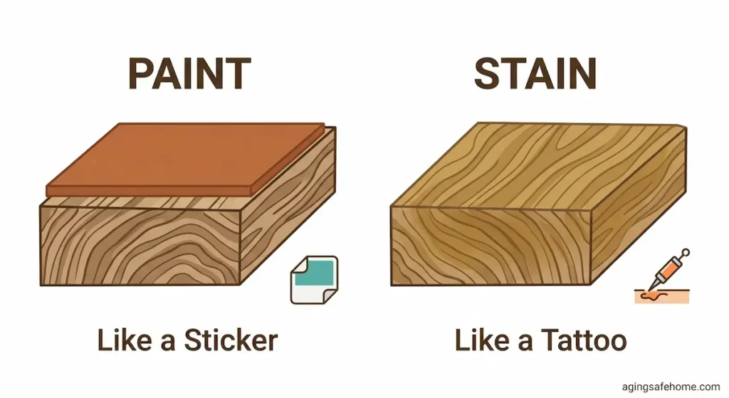 Diagram comparing deck paint and deck stain, showing paint sitting on top of wood like a sticker versus stain penetrating into the wood grain like a tattoo