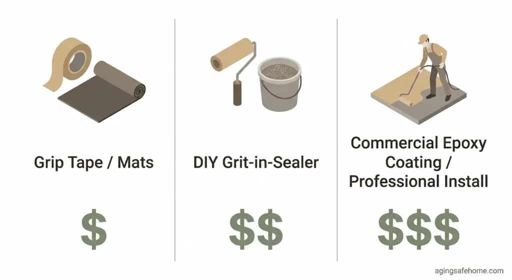 Cost comparison chart showing grip tape and mats as the lowest cost anti-slip option, DIY grit-in-sealer as mid-range, and commercial epoxy coating or professional install as the highest cost for anti-slip deck coatings for seniors
