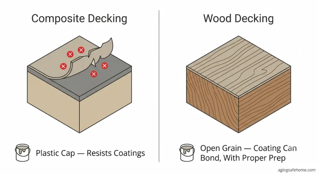 Diagram showing why anti-slip coatings peel off composite decking's plastic cap but can bond to wood decking's open grain when properly prepped