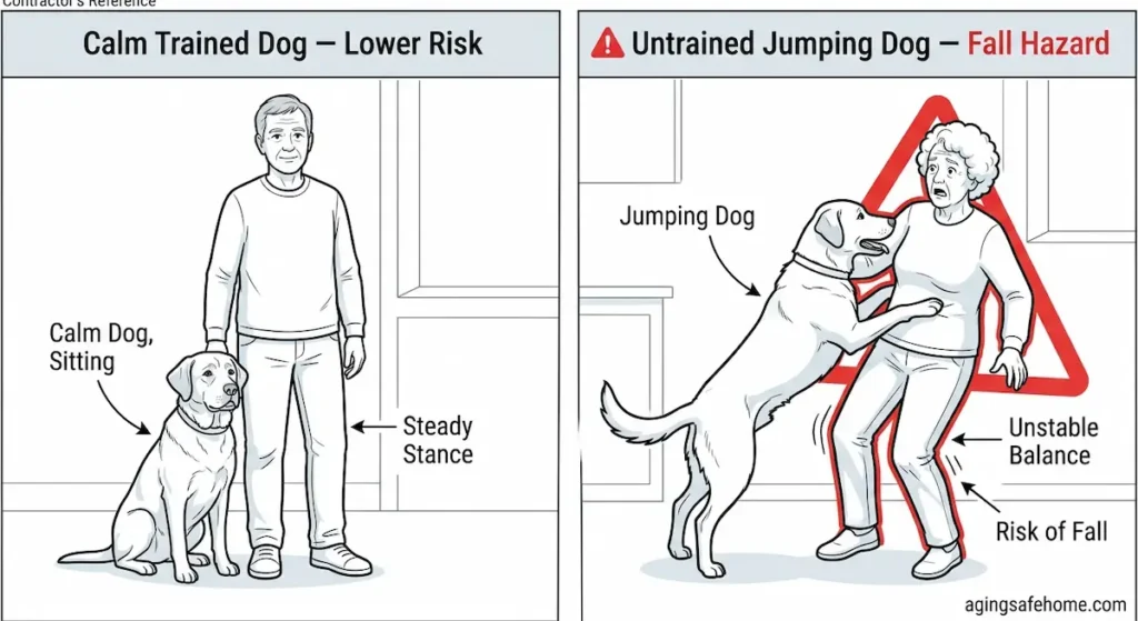 Side by side diagram comparing a calm trained dog sitting beside a steady senior labeled lower risk versus an untrained jumping dog knocking an elderly woman off balance with unstable balance and risk of fall labels and a red warning triangle indicating fall hazard for seniors