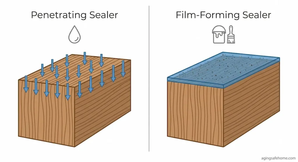 Diagram comparing penetrating wood sealer, which soaks down into the wood grain, to film-forming sealer, which sits on top of the surface and holds anti-slip grit