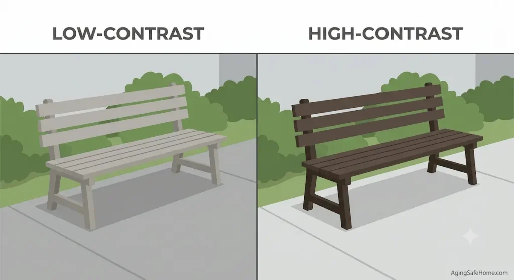 Side-by-side comparison of a low-contrast light-colored bench blending into a light sidewalk versus a high-contrast dark bench clearly visible against the same light concrete, illustrating visibility for seniors with vision changes