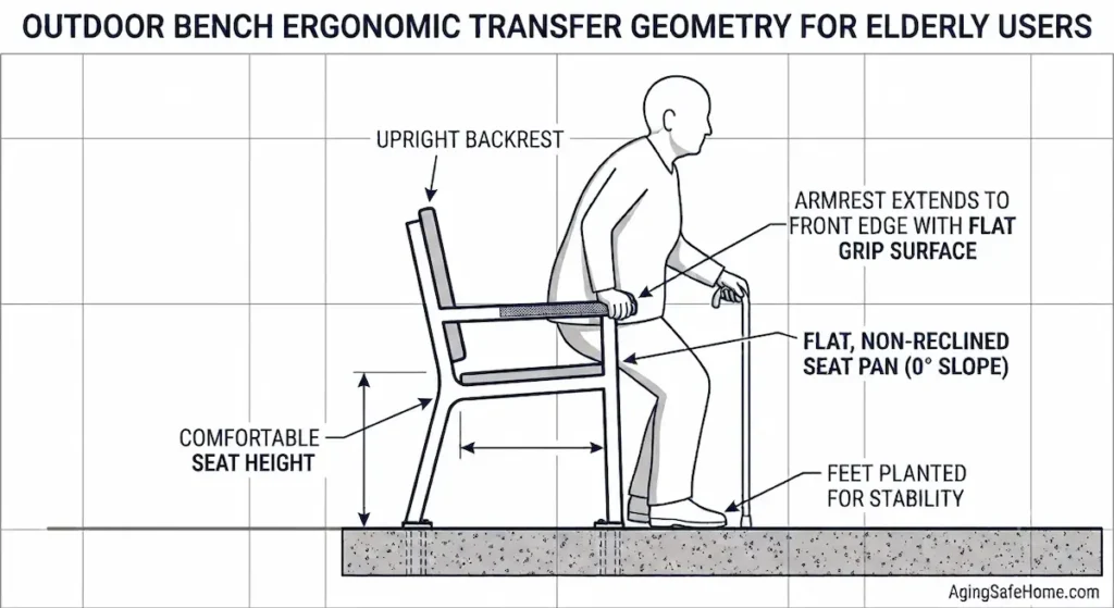 Diagram showing ergonomic transfer geometry for an outdoor bench for seniors, including comfortable seat height, flat non-reclined seat pan, armrest extending to the front edge with a flat grip surface, and feet planted for stability