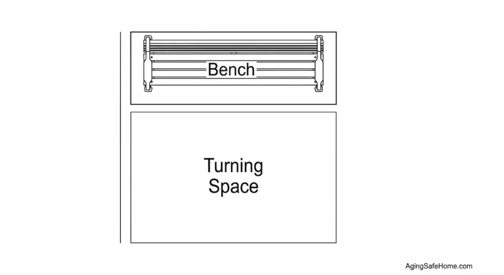 Simple floor plan diagram showing the required turning space in front of an outdoor bench for seniors to safely maneuver a walker or wheelchair