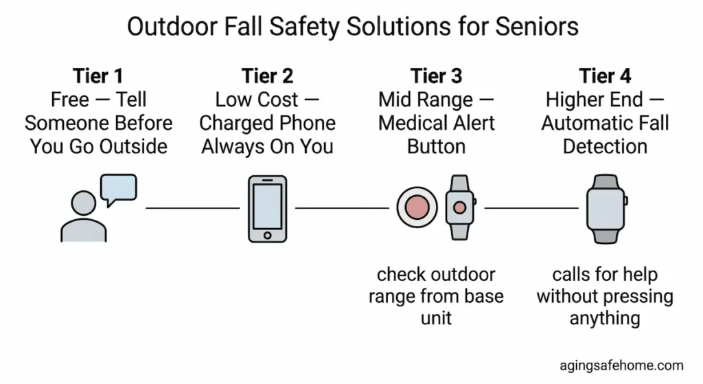 Horizontal four tier diagram showing outdoor fall safety solutions for seniors progressing from free to higher end including tier one tell someone before you go outside, tier two charged phone always on you, tier three medical alert button with note to check outdoor range from base unit, and tier four automatic fall detection that calls for help without pressing anything