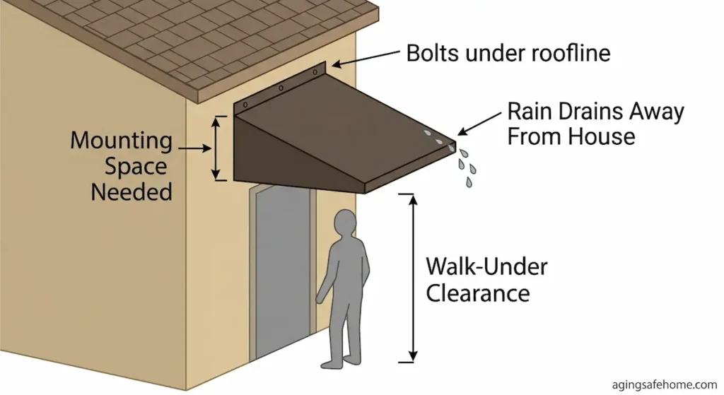 Diagram showing the two key measurements for a fixed porch awning: mounting space needed between the doorframe and roofline, and walk-under clearance below the awning