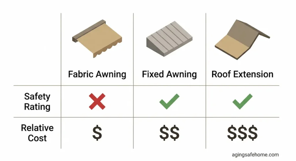 Comparison table showing fabric awnings rated unsafe for weather protection, while fixed awnings and roof extensions are both safe, with cost increasing from fabric to fixed to roof extension