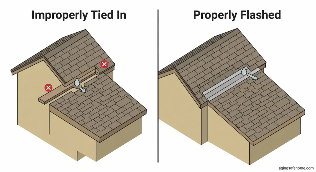 Diagram comparing an improperly tied-in roof extension with a visible gap that lets water leak in, to a properly flashed tie-in where the new roof section blends into the existing roofline