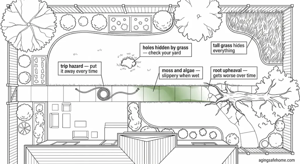 Top down diagram of a residential backyard identifying five outdoor fall hazards for seniors including a garden hose trip hazard, hole hidden by grass, moss and algae on walkway, tall grass, and tree root upheaval with labeled callouts and agingsafehome.com watermark