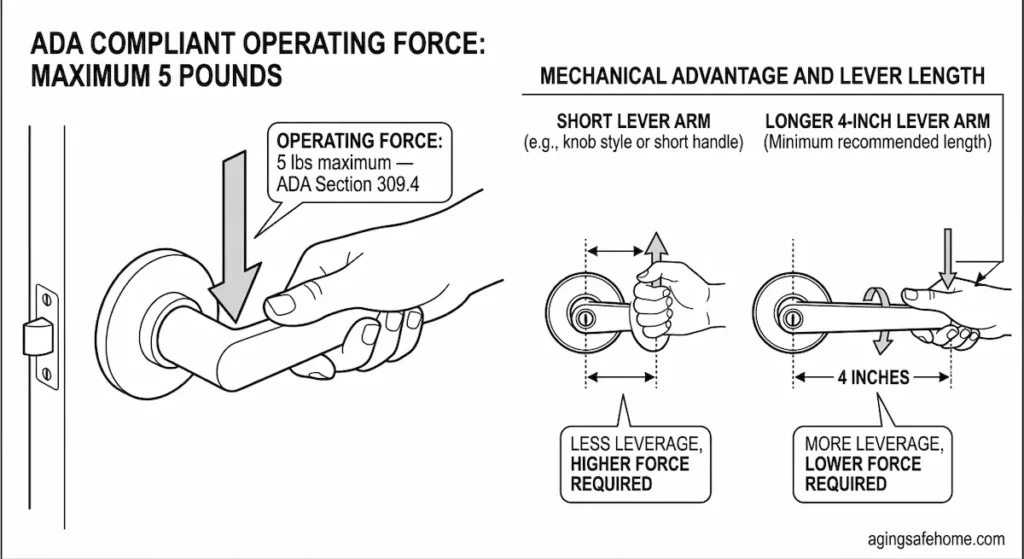 Diagram showing ADA Section 309.4 door lever operating force standard of 5 pounds maximum, alongside a comparison of a short lever arm requiring higher force versus a longer 4-inch lever arm requiring lower force due to increased mechanical advantage.