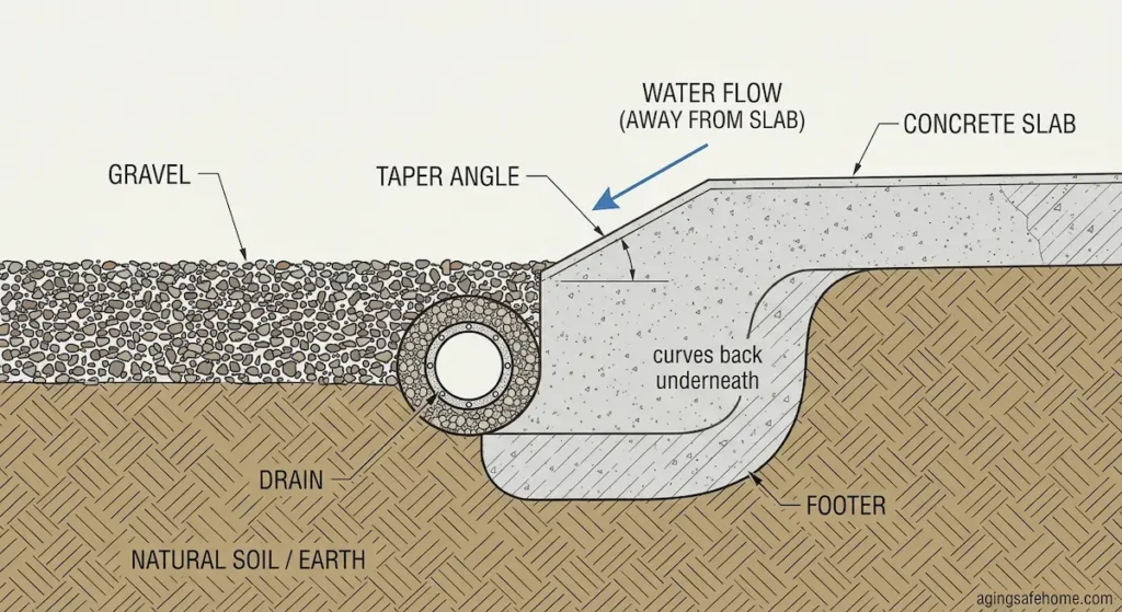 Cross-section diagram showing a concrete driveway slab tapering into the ground with a curved footer underneath and a drain positioned to direct water away from the slab edge