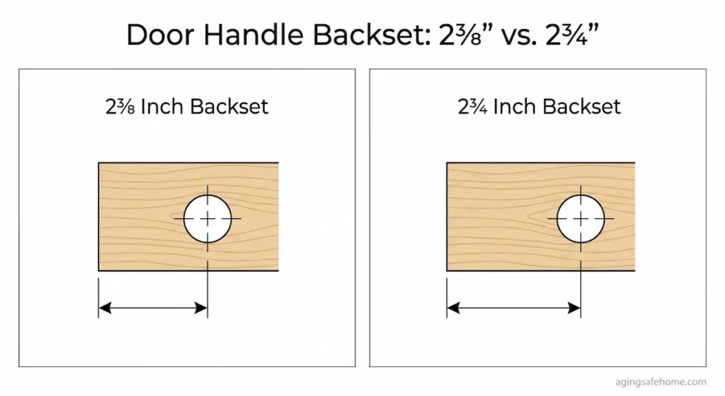 Comparison diagram showing two door handle backset measurements, 2⅜ inch and 2¾ inch, each measured from the front edge of the door to the center of the handle bore hole.