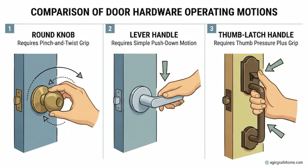 Comparison diagram of three door hardware operating motions for seniors: a round knob requiring a pinch-and-twist grip, a lever handle requiring a simple push-down motion, and a thumb-latch handle requiring thumb pressure plus grip.