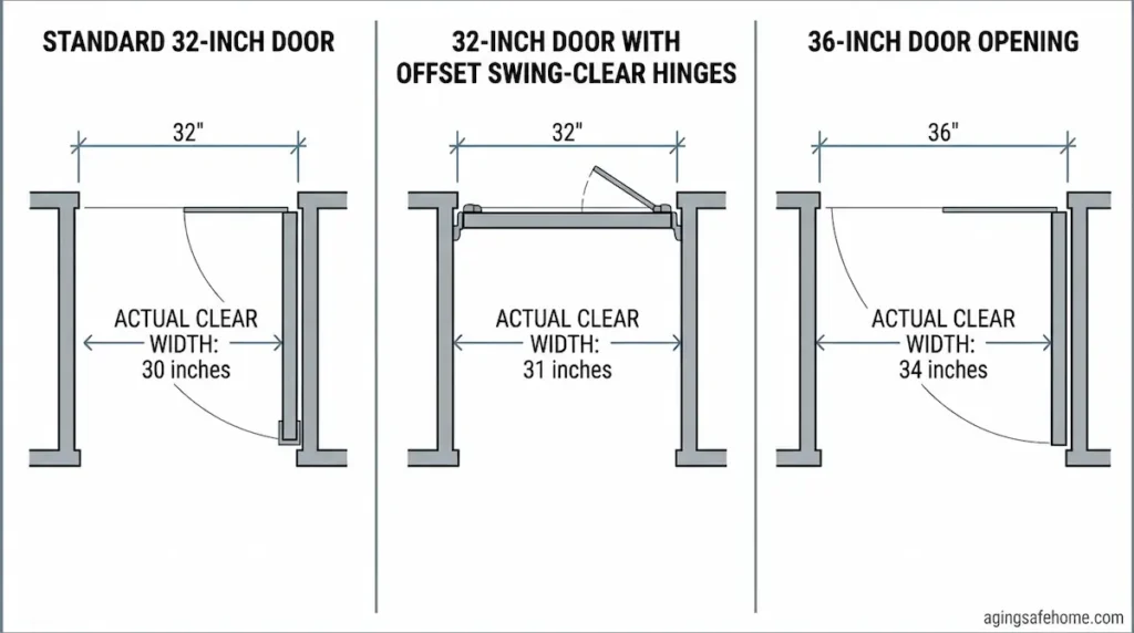 Diagram comparing clear doorway width for a standard 32-inch door, a 32-inch door with offset swing-clear hinges, and a 36-inch door opening for wheelchair and walker access