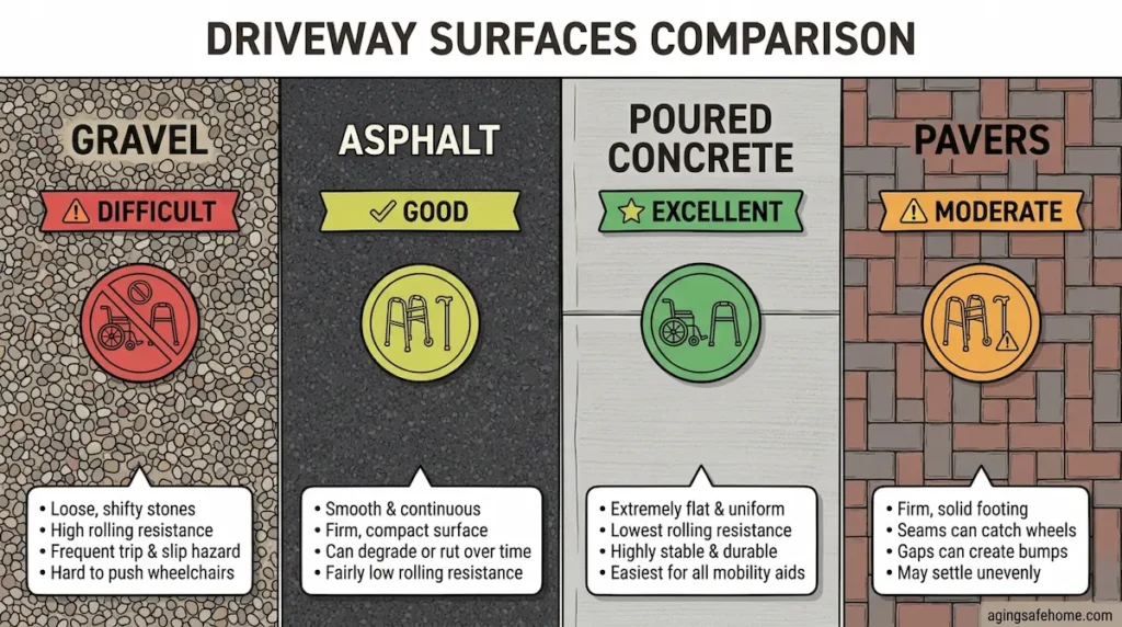 Comparison chart rating gravel, asphalt, poured concrete, and pavers for ease of use with wheelchairs, walkers, and canes, with poured concrete rated excellent and gravel rated difficult