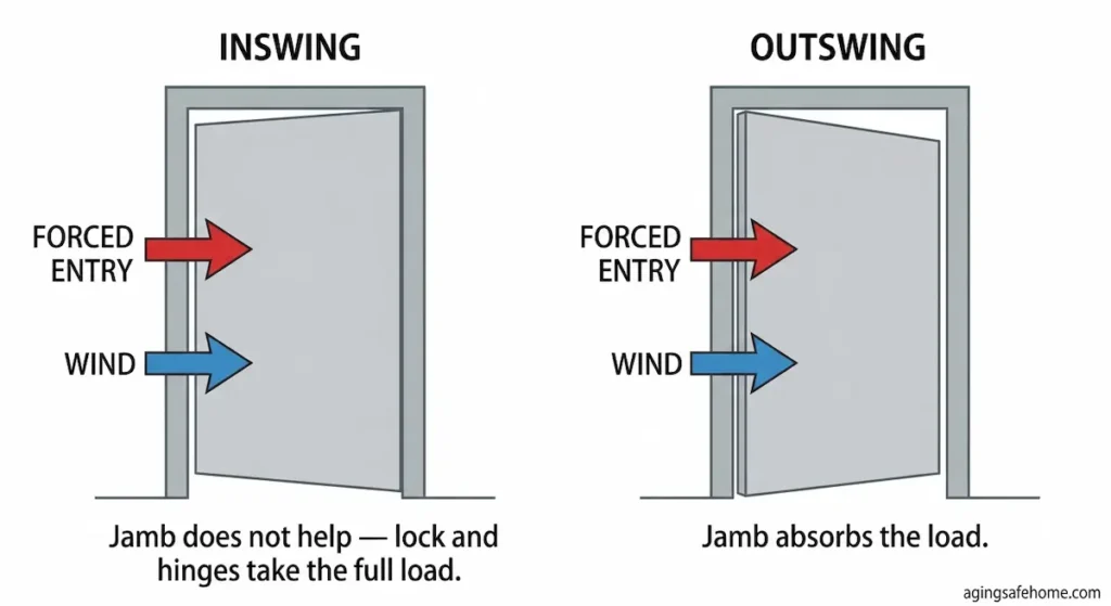 A two-panel technical diagram comparing door swing directions. The left panel shows that an inward-swinging door requires the lock and hinges to take the full force of wind and forced entry, while the right panel shows that an outward-swinging door presses into the frame, allowing the jamb to absorb the load.