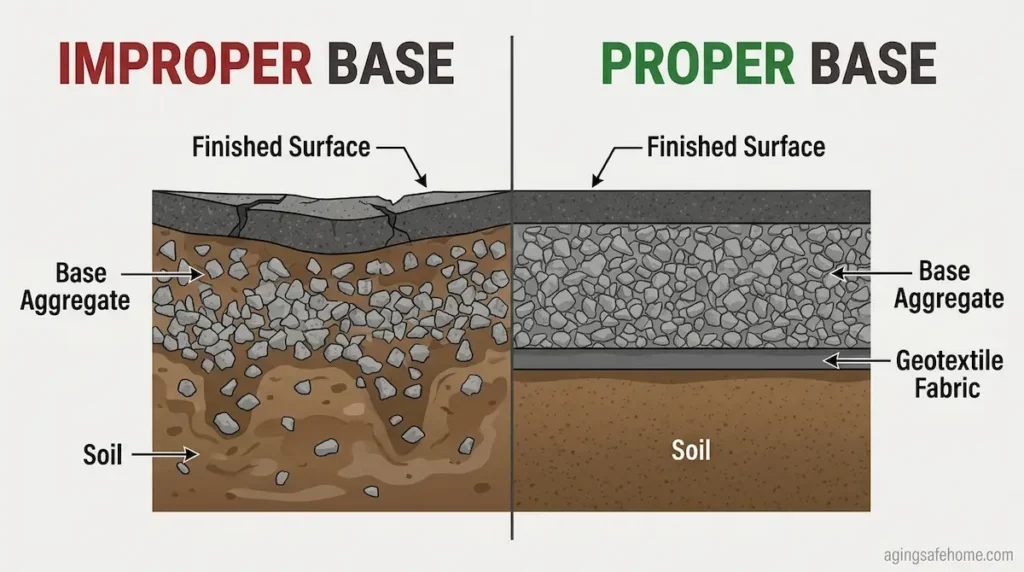Cross-section diagram comparing an improper driveway base with cracked surface and sunken aggregate versus a proper driveway base using geotextile fabric between the soil and base aggregate for a stable, crack-free finished surface