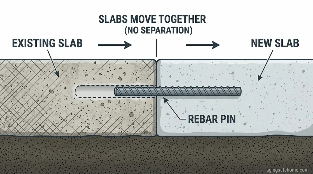 Cross-section diagram showing a rebar pin drilled into an existing concrete slab and embedded in a new slab, connecting the two so they move together instead of separating into a trip hazard