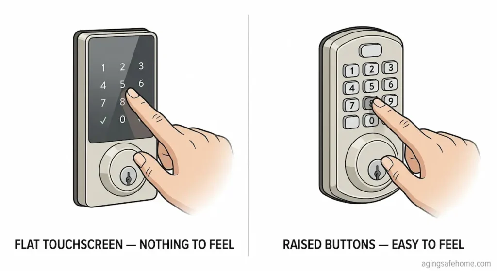 Comparison diagram of two smart lock keypad styles: a flat touchscreen keypad with nothing to feel versus a keypad with raised physical buttons that are easy to feel, illustrating accessibility for seniors with vision changes or tremors.
