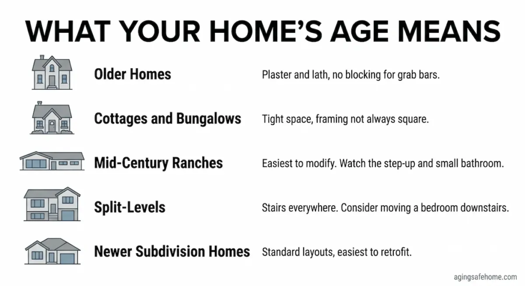 Lexington, KY chart showing what home age means for senior home modifications: older homes have plaster and lath with no blocking for grab bars, cottages and bungalows have tight space, ranches are easiest to modify, split-levels have stairs, and newer subdivision homes are easiest to retrofit
