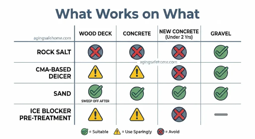 Chart showing which winter traction and deicing products are suitable, to use sparingly, or to avoid on wood decks, concrete, new concrete, and gravel for senior walkway safety.