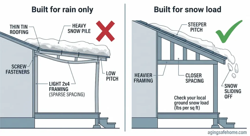 Two-panel diagram comparing a porch roof built for rain only, with thin tin, light framing, and a low pitch that sags under snow, against one built for snow load with heavier framing, closer spacing, and a steeper pitch.