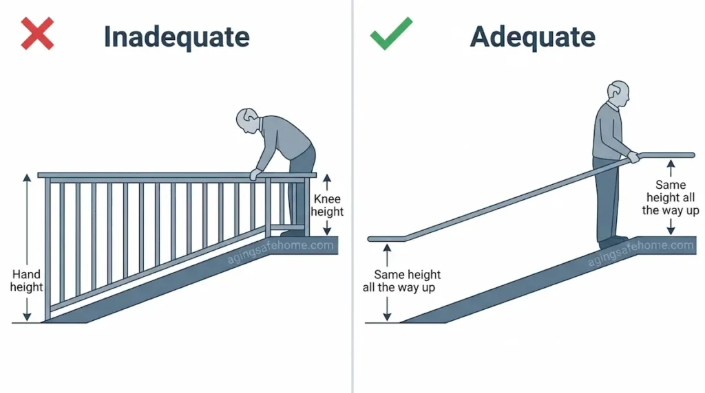 Two-panel side view of a wheelchair ramp: on the left, a level deck-style railing that is at hand height at the bottom but only knee height at the top, forcing a senior to bend over; on the right, a handrail running parallel to the ramp at the same height all the way up.