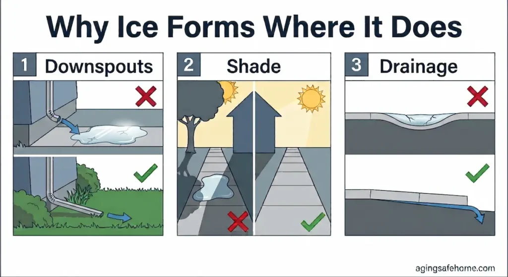Three-panel diagram comparing causes of ice on a senior’s walkway: a downspout that drains onto the path versus one extended into the lawn, a shaded walkway versus a sunny one, and a low spot that freezes versus a pitched path that drains.